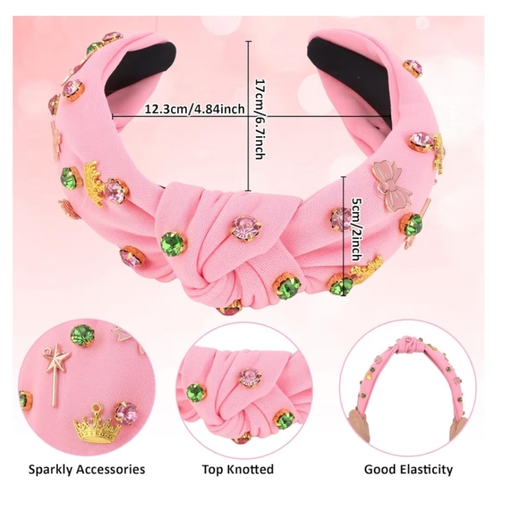 Pink Knotted Rhinestone Headband with Gold Charm Accents - Picture 2 of 6